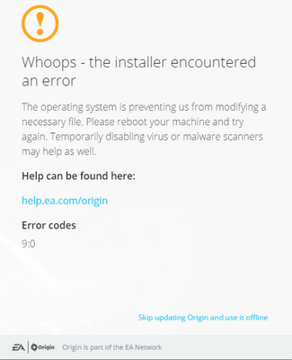 origin install error 9 0